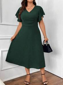 Celure Plus Solid Butterfly Sleeve A-line Dress - Dark Green - View 1