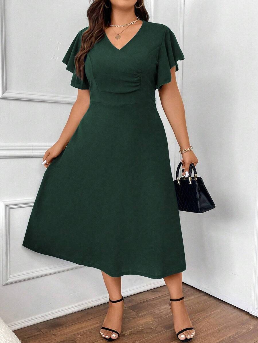 Celure Plus Solid Butterfly Sleeve A-line Dress - Dark Green - View 1