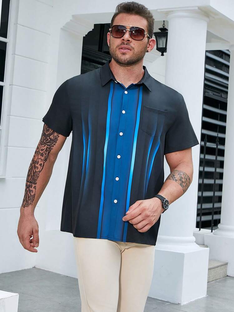 Manfinity Homme Hombres talla grande Camisa de color combinado con parche de bolsillo - Negro - Añade 4