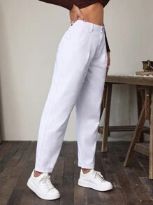 SHEIN Essnce Solid Slant Pocket Mom Fit Jeans