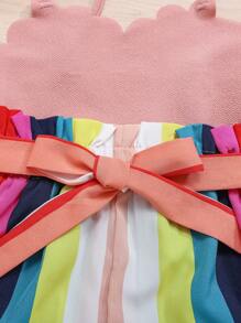 SHEIN Young Girl Colorblock Striped Print Scallop Trim Cami Romper - Dusty Pink - View 3