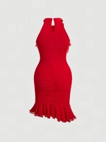 SHEIN MOD Vestido De Cuerpo Ajustado Con Trim De Volantes Y Diseño Rizado, Vestido De Flamenco - Rojo - Ver 2
