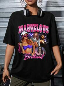 SHEIN EZwear 休閒簡約卡通肖像印花女款寬鬆T恤，適合夏季穿著 - 黑色 - 查看 1