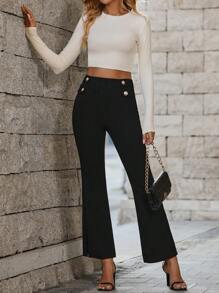 SHEIN Essnce Button Detail Flare Leg Pants - Black - View 3