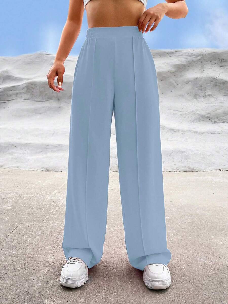 SHEIN EZwear Women Daily Wear Solid Color Wide Leg Pants - Baby Blue - View 1