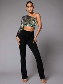 SHEIN BAE Christmas One Shoulder Sequin Crop Top - Multicolor - View 6