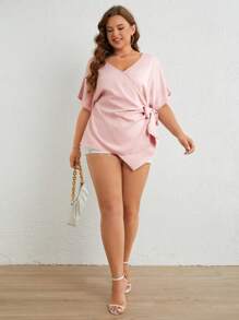 SHEIN Clasi 大碼蝙蝠袖側打結圍裹女士襯衫 - 淺粉色 - 查看 4