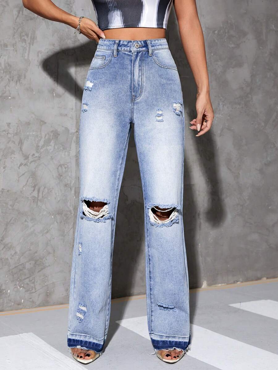 SHEIN Essnce Ripped Straight Leg Jeans - Medium Wash - View 1