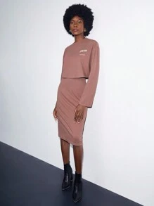 BizChic 字母圖案落肩T恤&半身裙 - 咖啡棕 - 查看 7