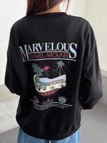 DAZY 標語和熱帶印花落肩袖套頭衫 - 黑色 - 查看 7