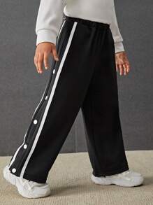 SHEIN Chàng trai trẻ Băng tương phản Bên cạnh nút quần ống rộng Quần thể thao - màu đen - Xem 5
