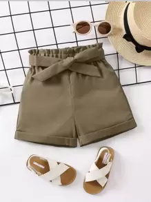 SHEIN Cô Gái Trẻ Nếp gấp cao eo Cuộn lên Hem Quần Short có thắt lưng - Màu Khaki - Xem 1