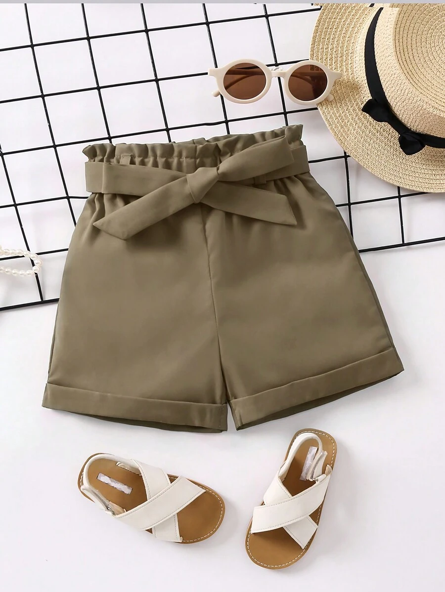 SHEIN Cô Gái Trẻ Nếp gấp cao eo Cuộn lên Hem Quần Short có thắt lưng - Màu Khaki - Xem 1