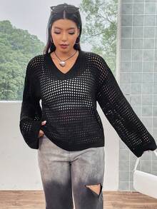 Flirla Hơn Thả vai Đan Mở Áo len Không có áo ngực - Màu xám đen - Xem 4