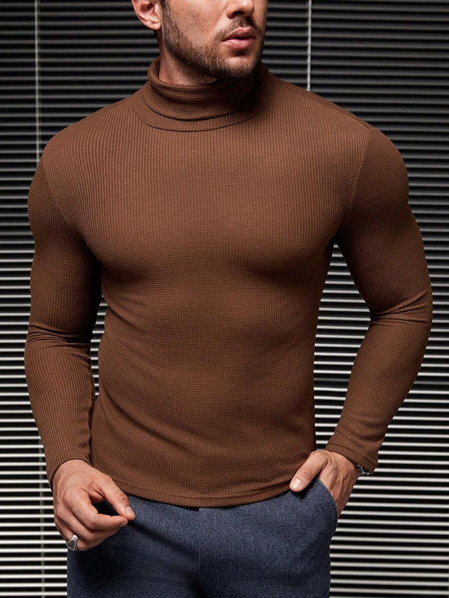 GENTILAND Hombres Camiseta unicolor cuello alto - Café integral - Ver 1