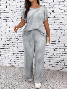 SHEIN LUNE 大碼蝙蝠袖T恤&闊腿褲 - 灰色 - 查看 6