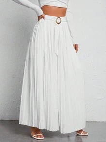 SHEIN PETITE 高腰腰帶百褶闊腿褲 - 白色 - 查看 4