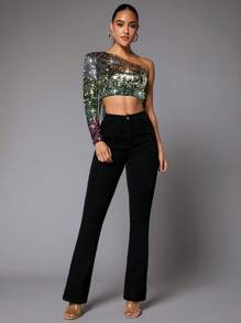 SHEIN BAE Christmas One Shoulder Sequin Crop Top - Multicolor - View 4