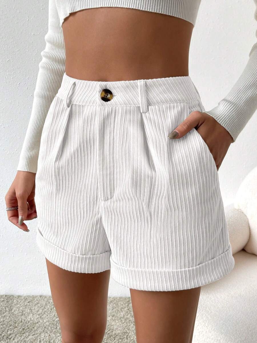 SHEIN Essnce Cuộn lên Hem Vải to sợi Quần short - trắng - Xem 1