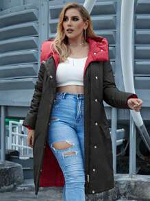 Astrid 大码女式拉链连帽长袖加厚外套，休闲长款，冬季