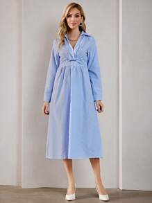 SHEIN BIZwear 條紋印花交疊領洋裝 - 藍白色 - 查看 6