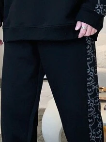 Men Paisley Print Drop Shoulder Sweatshirt & Sweatpants - Black - View 4