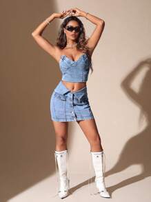SHEIN BAE 女士牛仔半身裙 - 藍色 - 查看 1