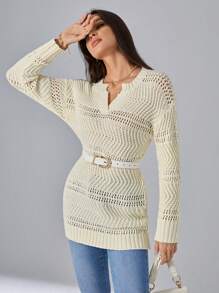 SHEIN Privé Pullover mit eingekerbtem Kragen, Pointelle Strick Drop Shoulder - Beige - Übersicht 4
