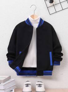 SHEIN Tween Boy Striped Trim Varsity Jacket Without Bag - Black - View 2