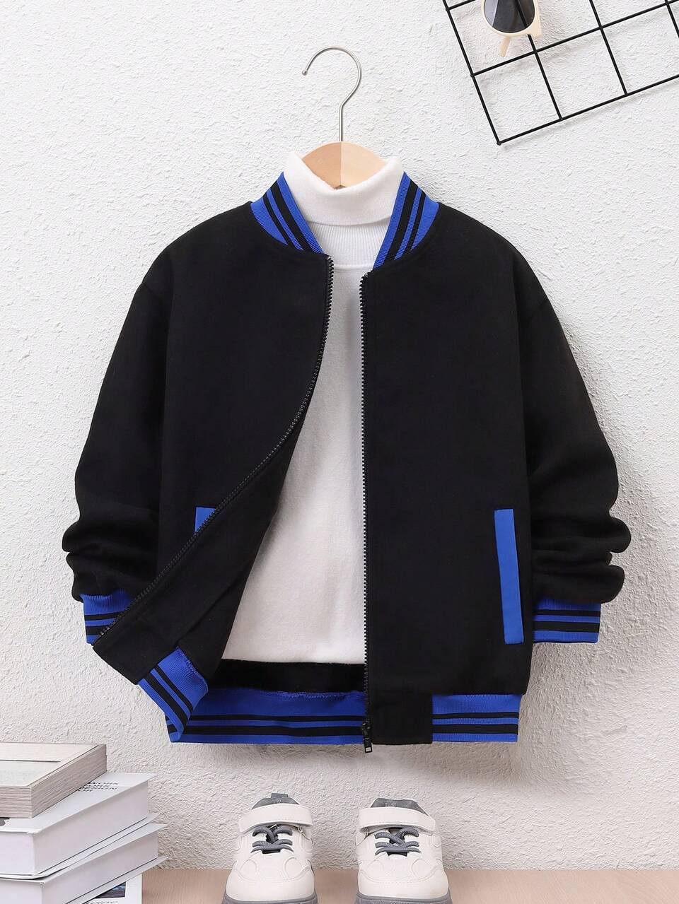 Tween Boy Striped Trim Varsity Jacket Without Bag