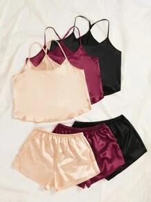 3pcs Chất rắn Xa ten Cami ngọn & 3pcs Quần short Bộ PJ - Nhiều màu - Xem 3