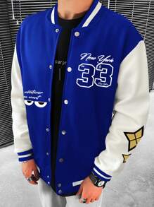 Manfinity EMRG Men's Loose Fit Drop Shoulder Varsity Jacket Without Hoodie, Featuring Letter Graphic And Striped Trim - Blue and White - View 2