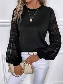 SHEIN Clasi 蕾絲拼接燈籠袖運動衫 - 黑色 - 查看 5