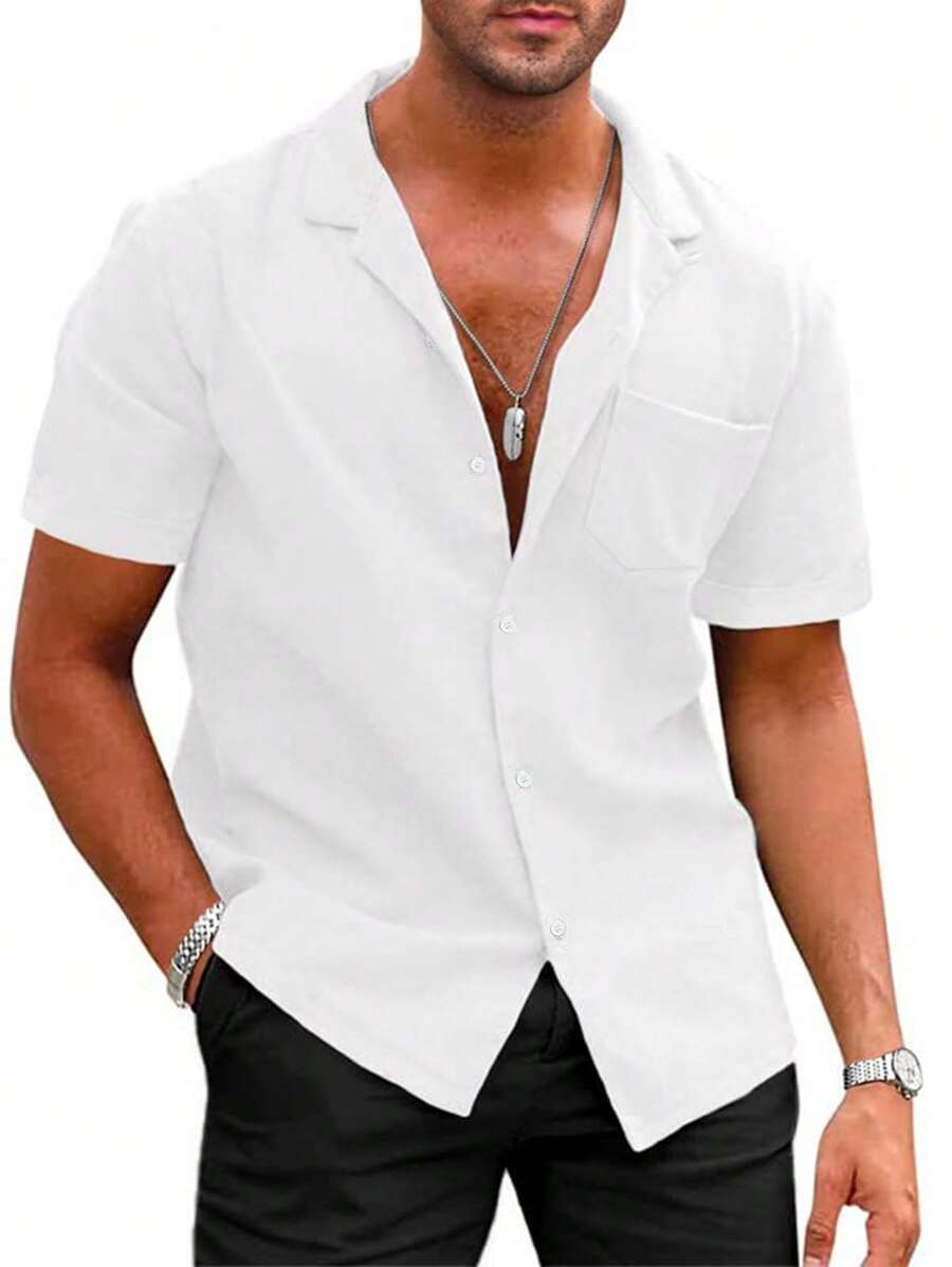 男士素色口袋貼布襯衫 - 白色 - 查看 1