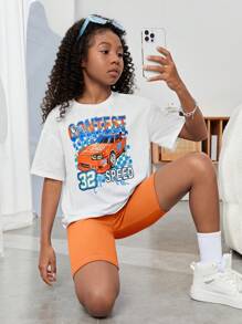 SHEIN Tween Girl Car & Letter Graphic Drop Shoulder Tee & Biker Shorts - Orange - View 1