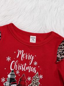 SHEIN Baby Girl Christmas Print Ruffle Trim Bodysuit & Headband - Red - View 3