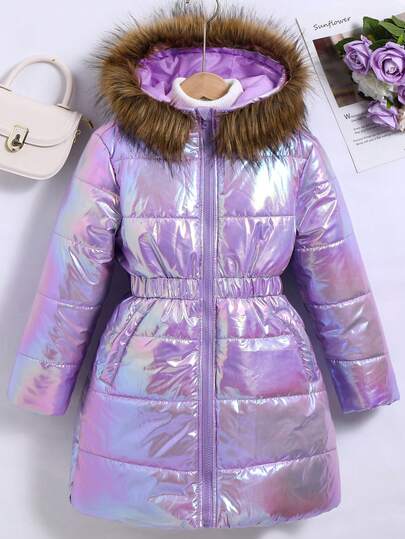 Tween Girl Mid-Length Padded Coat With Hood, Collar And Shiny Fabric, Adjustable Waist Fall Winter