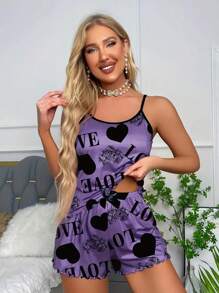 Conjunto de pijama / ropa de descanso con gráfico de corazón y letra, con ribete de hoja de lechuga y contraste de tela