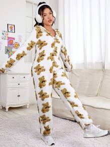 SHEIN EZwear Họa tiết gấu Thiết kế tai 3D áo có mũ Dây kéo mặt trước Flannel Áo liền quần - Nhiều màu - Xem 3