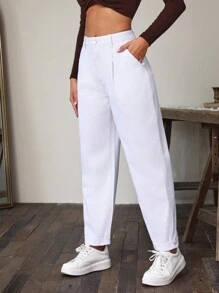 SHEIN Essnce Solid Slant Pocket Mom Fit Jeans