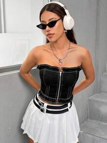 SHEIN EZwear Khâu trên cùng Dây kéo Ống Tops Denim - Rửa tối - Xem 5