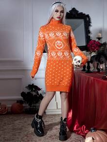 PUNK Halloween Skull Pattern Turtleneck Sweater Dress - Orange - View 5