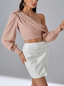 SHEIN Privé Cổ không đối xứng Chi tiết Ruched Áo sơ mi Crop - Hồng - Xem 5