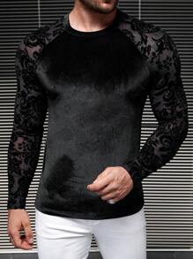 Manfinity VCAY 男士撞色花卉网眼插肩长袖天鹅绒 T 恤，时尚，男友礼物 - 黑色 - 查看 4