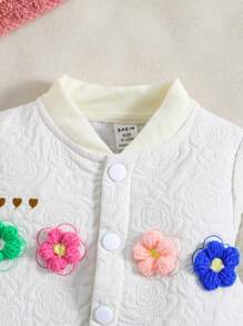 SHEIN Baby Girl Floral Embroidery Appliques Button Front Bomber Jacket - White - View 5