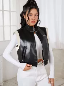 SHEIN EZwear Letter Patched Zip Up Vest Jacket - Black - View 3