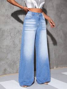 SHEIN Essnce Quần jean nữ Nút Túi Dây kéo màu trơn - Rửa trung bình - Xem 4