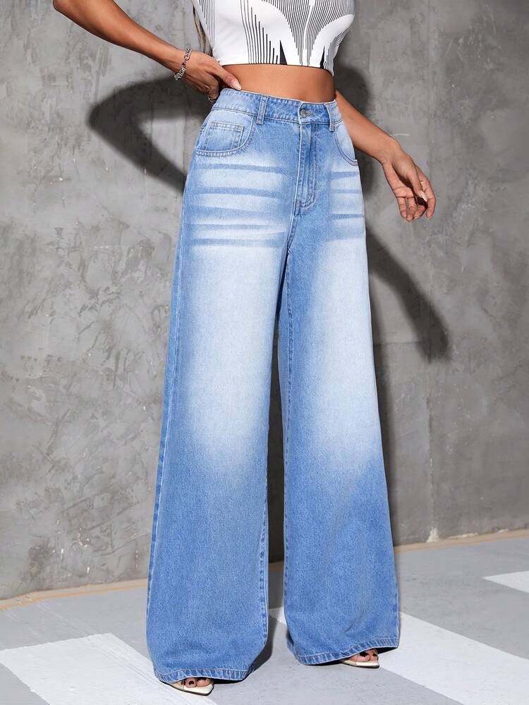 SHEIN Essnce 水洗闊腿牛仔褲 - 中等水洗藍 - 查看 4