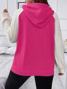 SHEIN LUNE Plus Size Two Tone Raglan Sleeve Drawstring Sweatshirt - Hot Pink - View 2