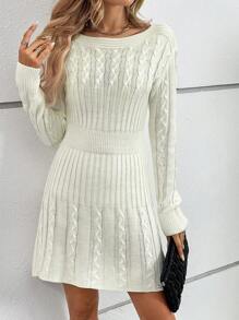 SHEIN Clasi Cable Knit Drop Shoulder Sweater Dress - White - View 3